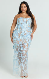 Sienna Maxi Dress - 3D Floral Strapless Column Dress in Blue